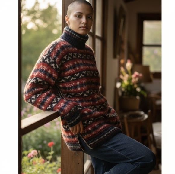 Vtg. Chunky handknit wool red/black pattern oversized turtleneck sweater sz L - Picture 1 of 10